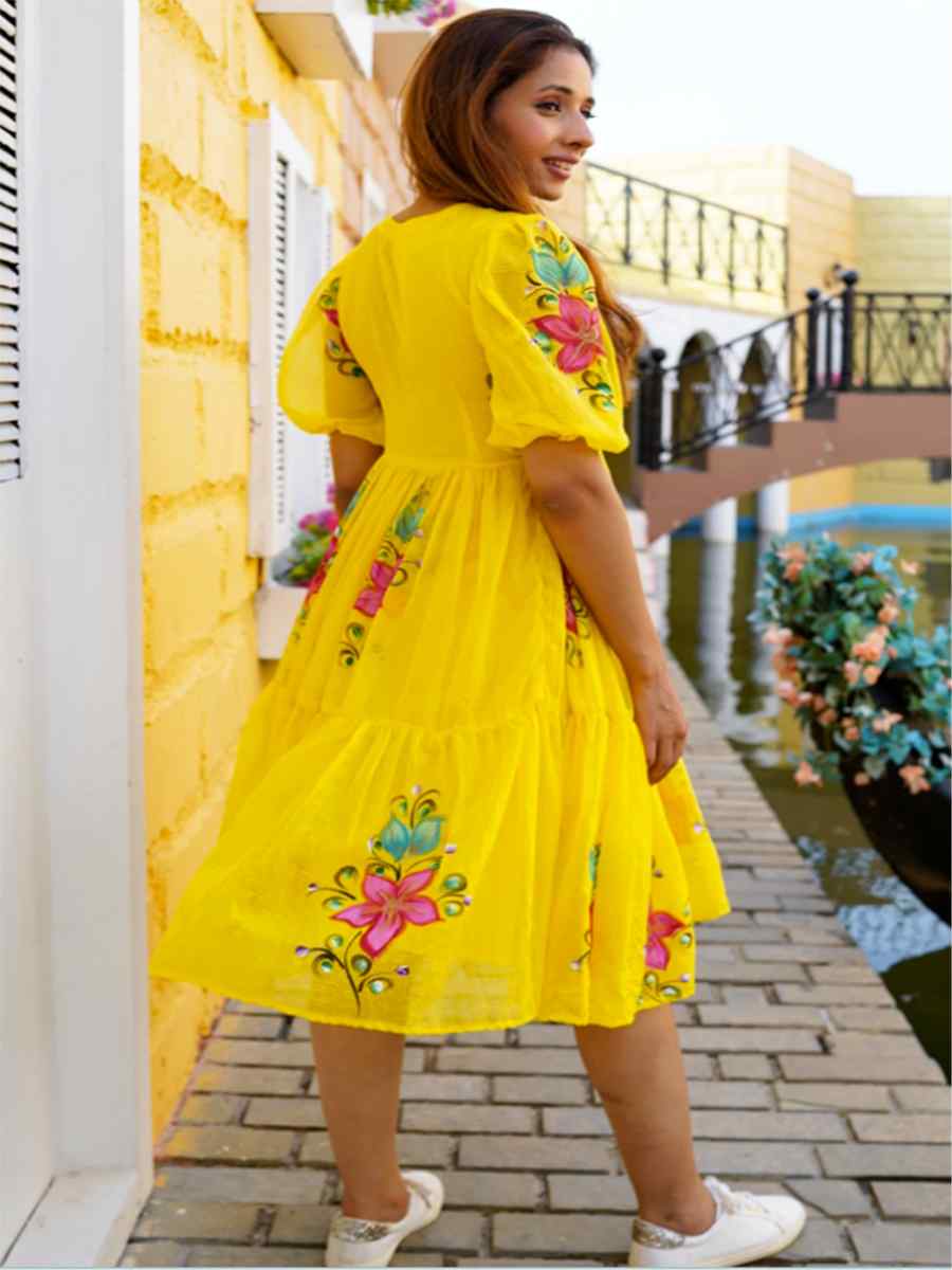 Yellow Kota Checks Printed Festival Casual Gown