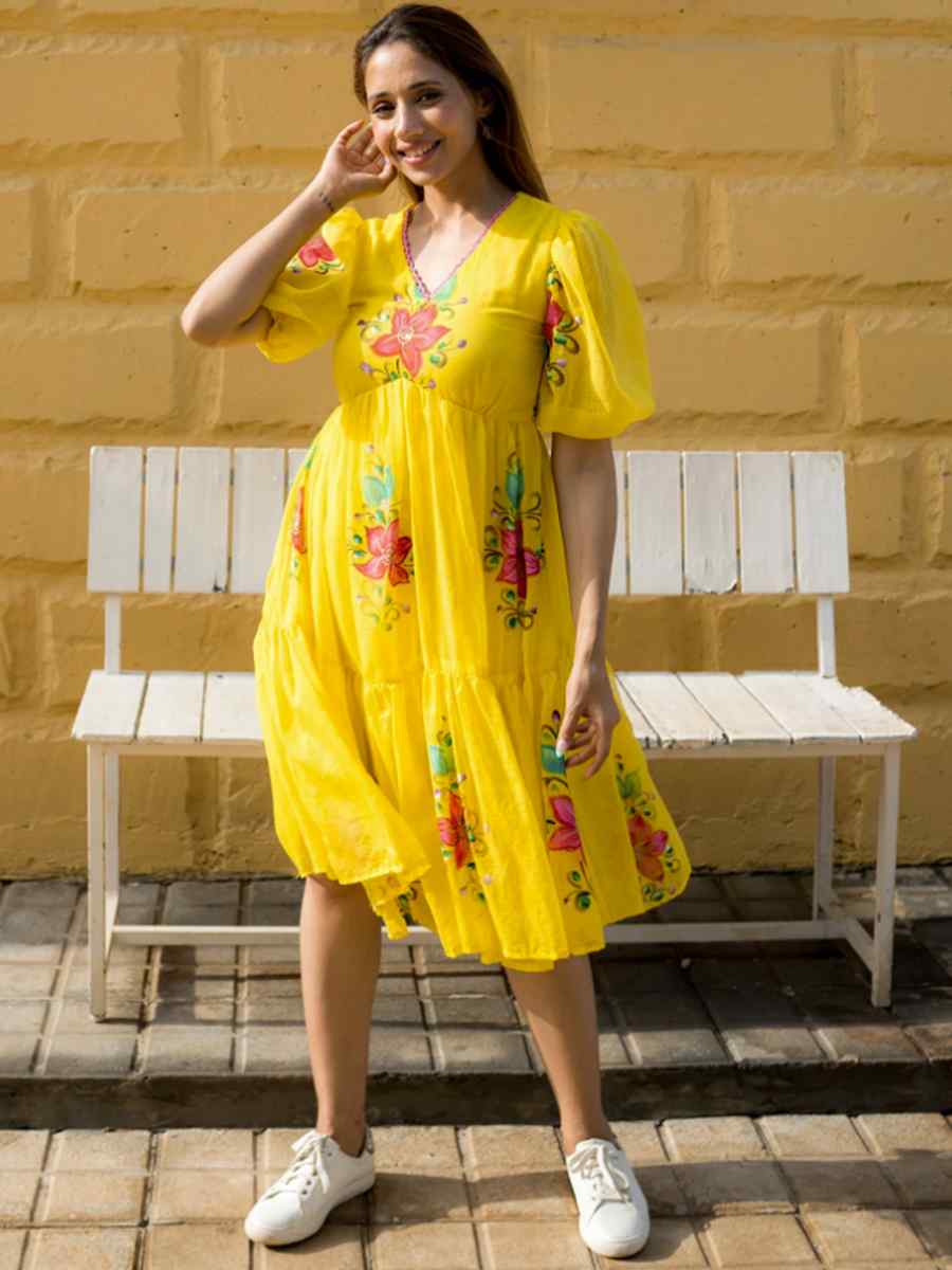 Yellow Kota Checks Printed Festival Casual Gown
