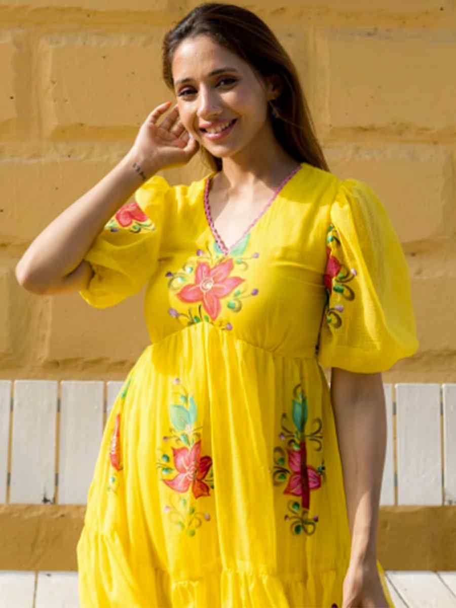 Yellow Kota Checks Printed Festival Casual Gown