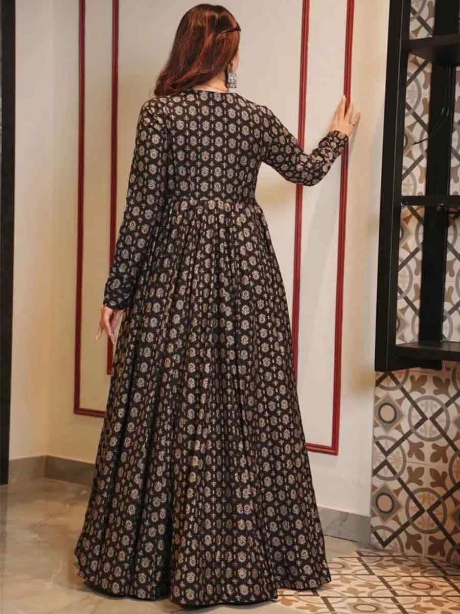 Coal Black Muslin Printed Festival Casual Gown