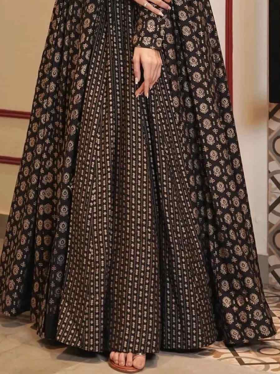Coal Black Muslin Printed Festival Casual Gown