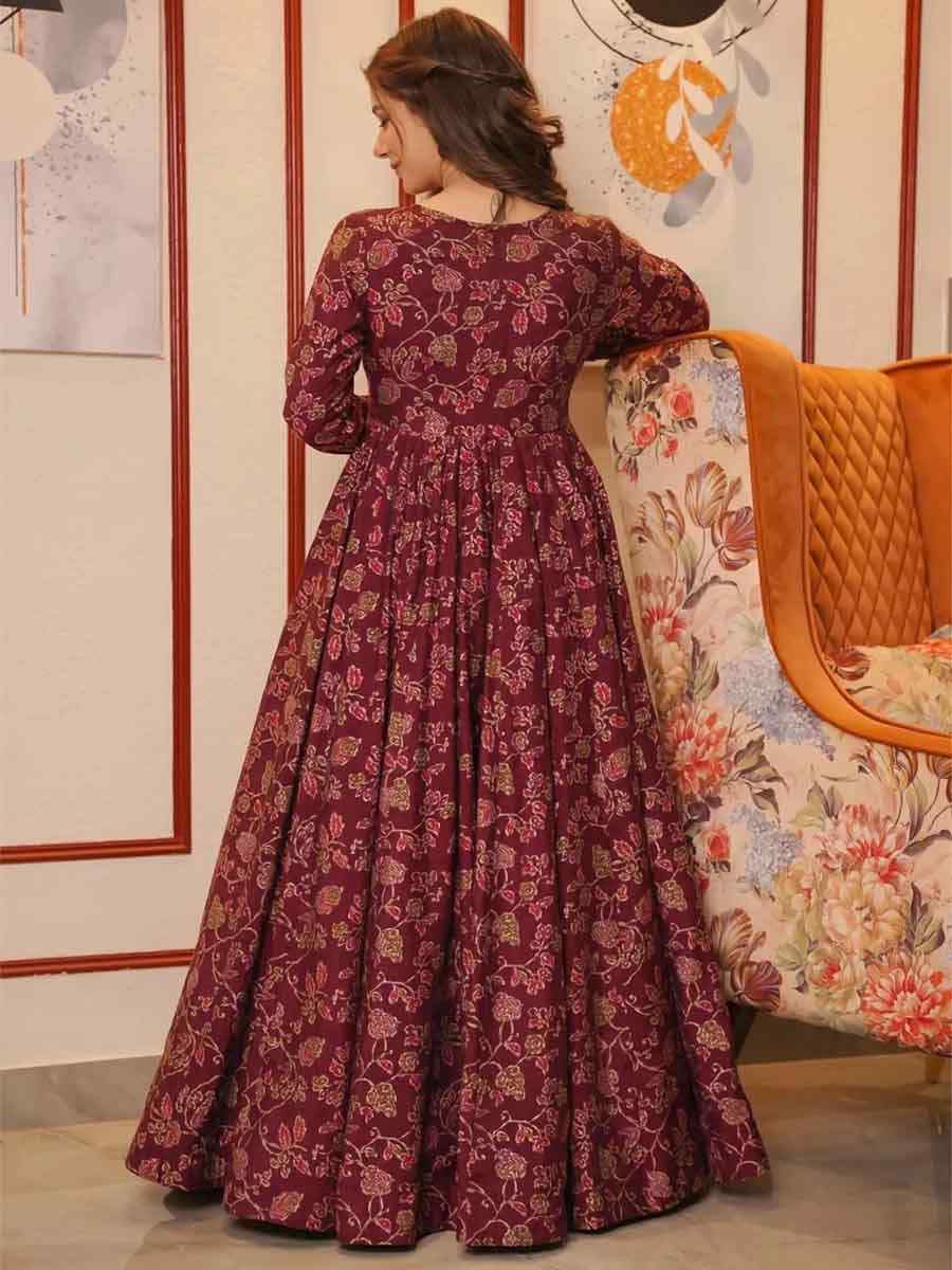 Maroon Muslin Printed Festival Casual Gown