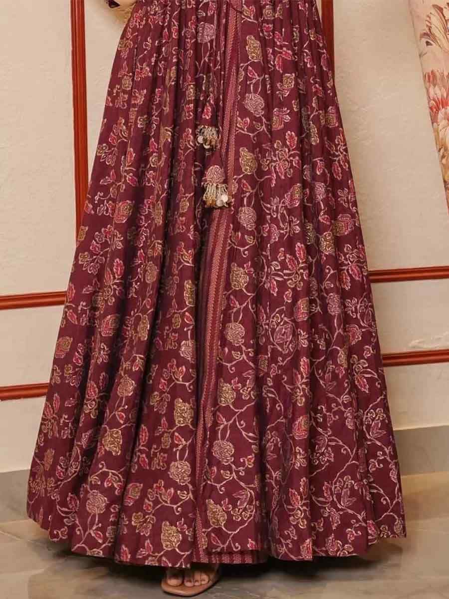 Maroon Muslin Printed Festival Casual Gown