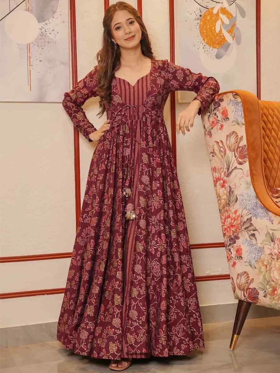 Maroon Muslin Printed Festival Casual Gown