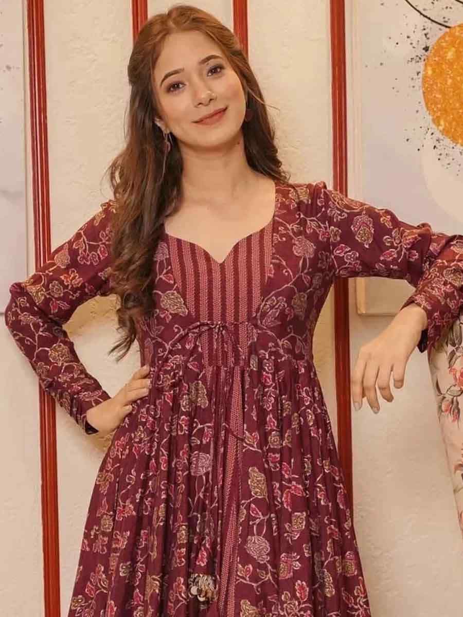 Maroon Muslin Printed Festival Casual Gown