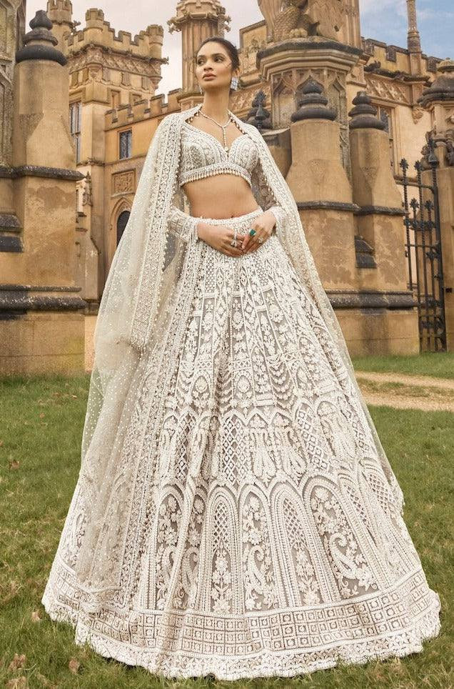 White Net Embroidery Wedding Reception Festival Heavy Border Lehenga Choli