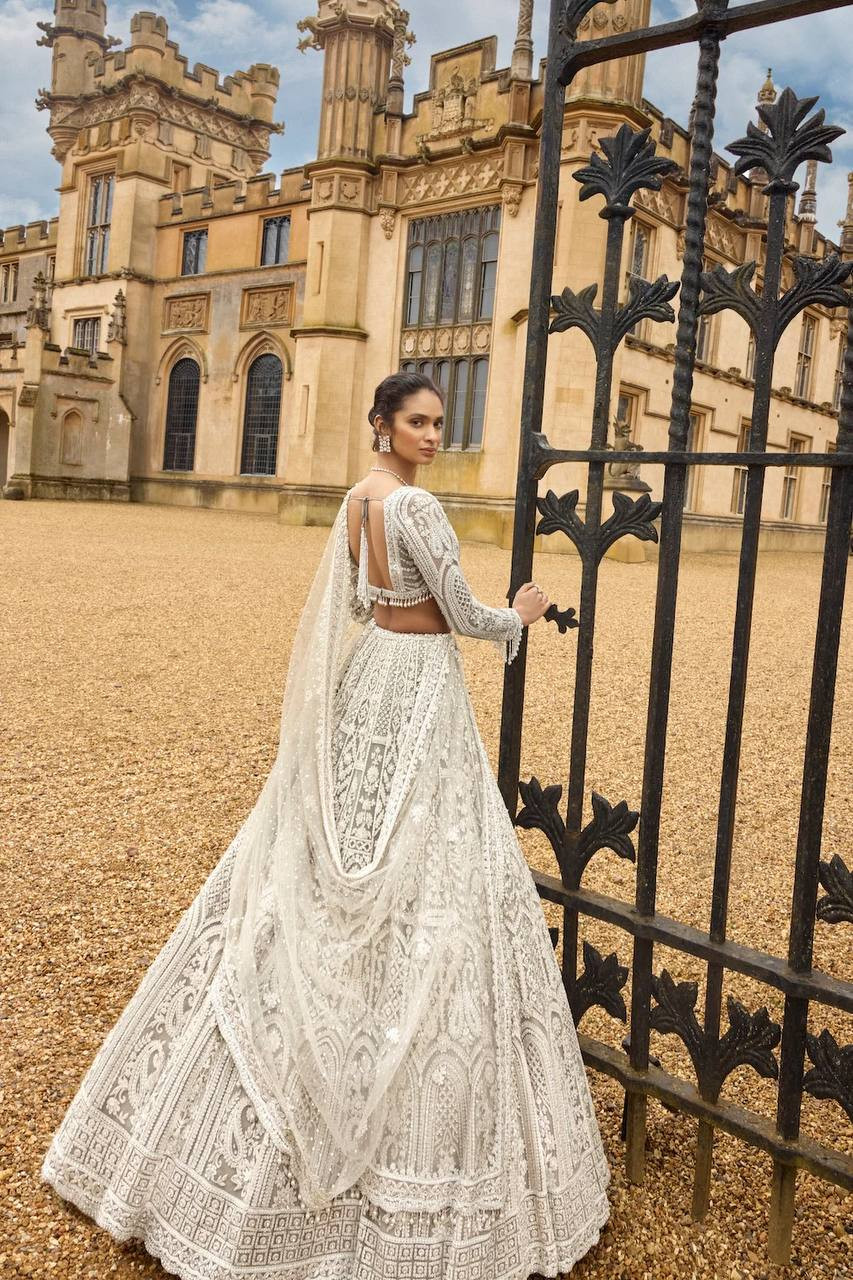 White Net Embroidery Wedding Reception Festival Heavy Border Lehenga Choli
