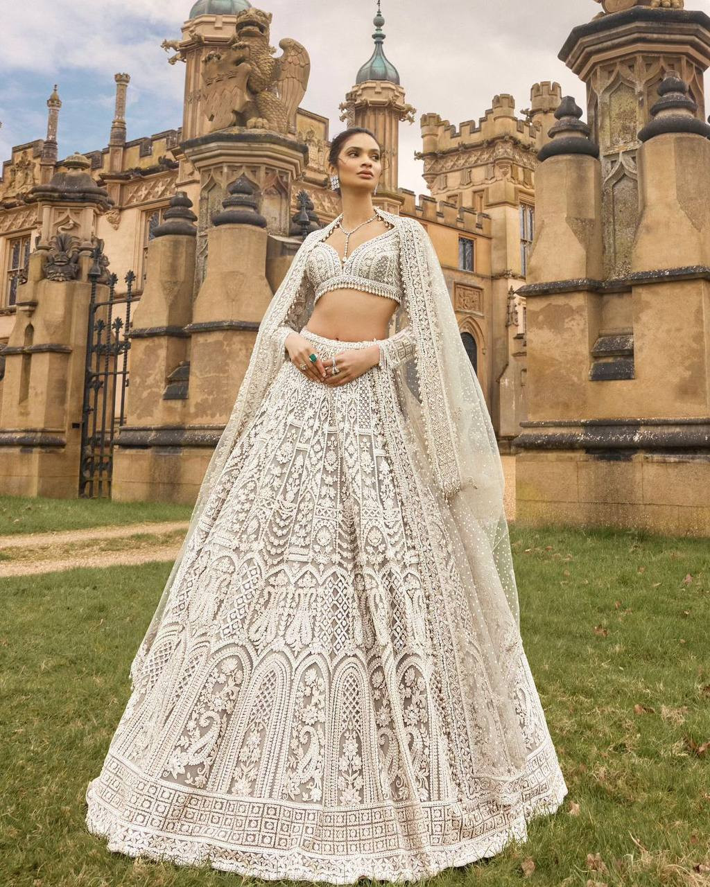 White Net Embroidery Wedding Reception Festival Heavy Border Lehenga Choli