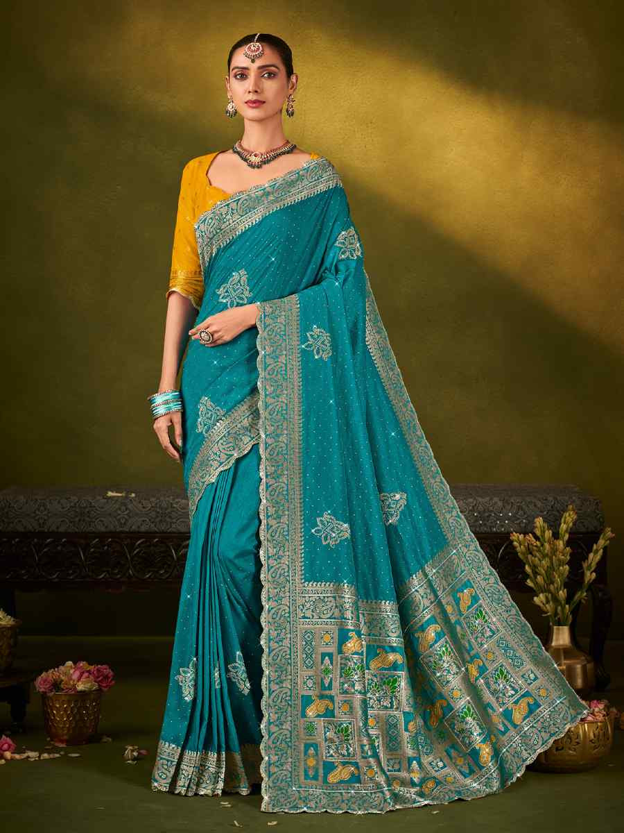 Sky Blue Silk Handwoven Bridal Reception Festival Wedding Fancy Heavy Border Saree