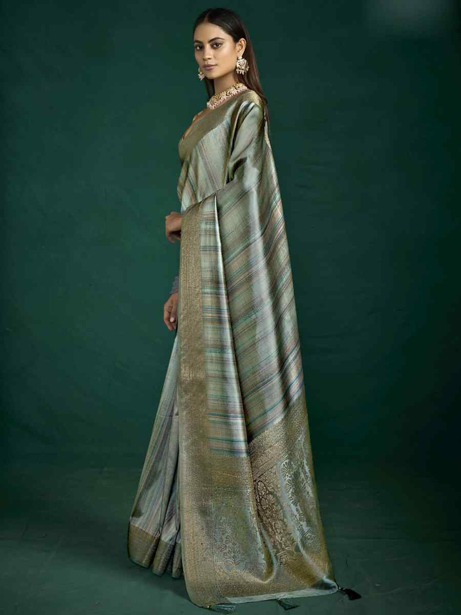 Grey Silk Handwoven Bridal Reception Festival Wedding Fancy Heavy Border Saree