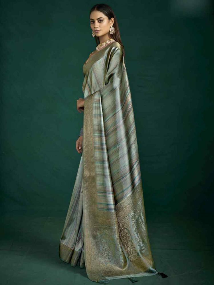 Image of Grey Silk Handwoven Bridal Reception Festival Wedding Fancy Heavy Border Saree