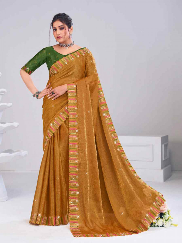 Image of Mustard Silk Embroidery Traditional Bridal Reception Festival Wedding Fancy Heavy Border Saree