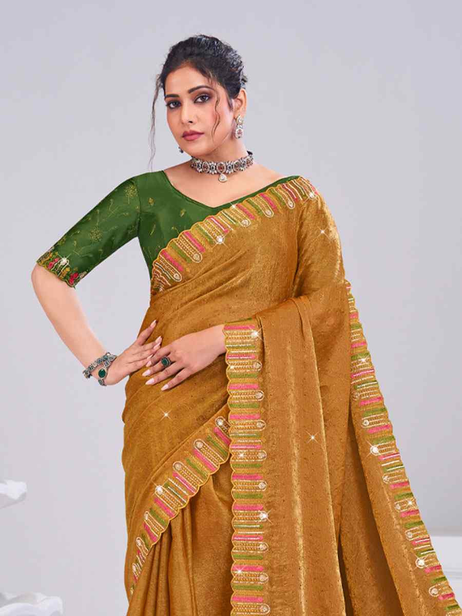 Mustard Silk Embroidery Traditional Bridal Reception Festival Wedding Fancy Heavy Border Saree
