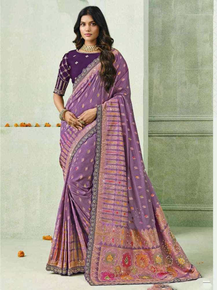 Image of Purple Silk Embroidery Traditional Bridal Reception Festival Wedding Fancy Heavy Border Saree