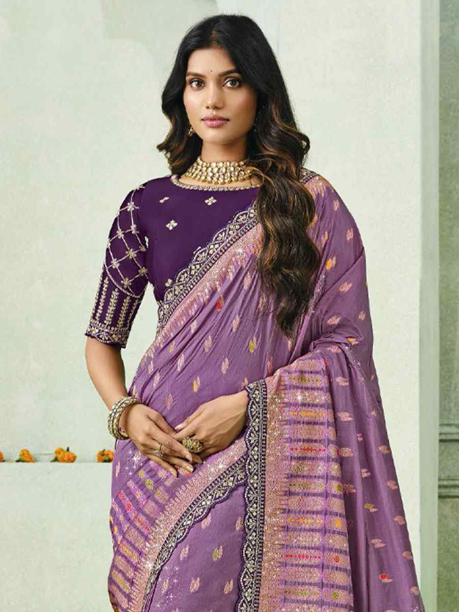 Purple Silk Embroidery Traditional Bridal Reception Festival Wedding Fancy Heavy Border Saree