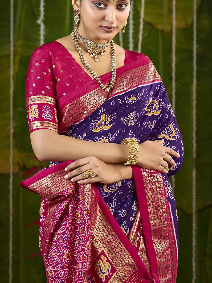 Purple Silk Printed Bridal Reception Festival Wedding Fancy Heavy Border Saree