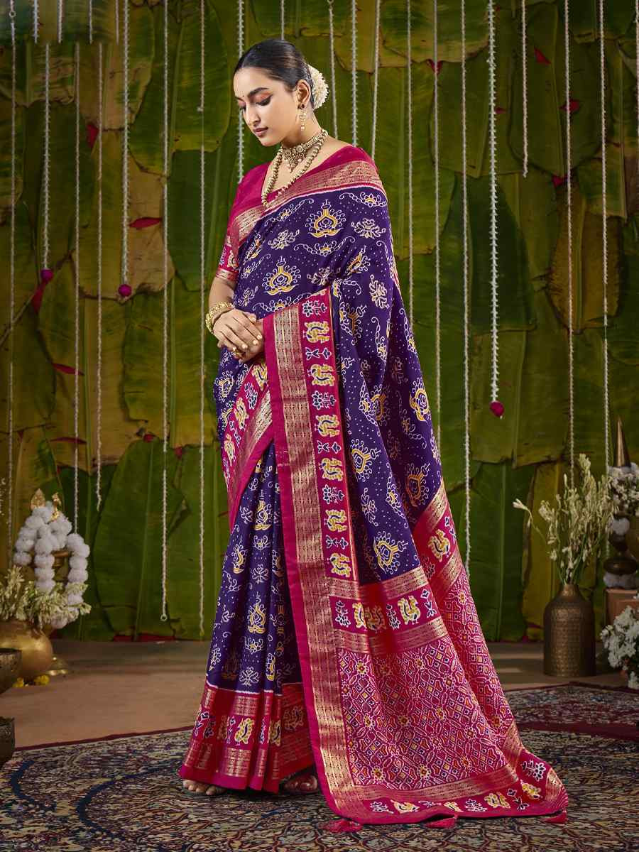 Purple Silk Printed Bridal Reception Festival Wedding Fancy Heavy Border Saree