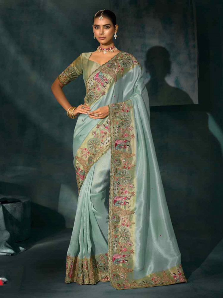 Image of Sky Blue Pure Ziraf Silk Embroidery Bridal Reception Festival Wedding Fancy Heavy Border Saree