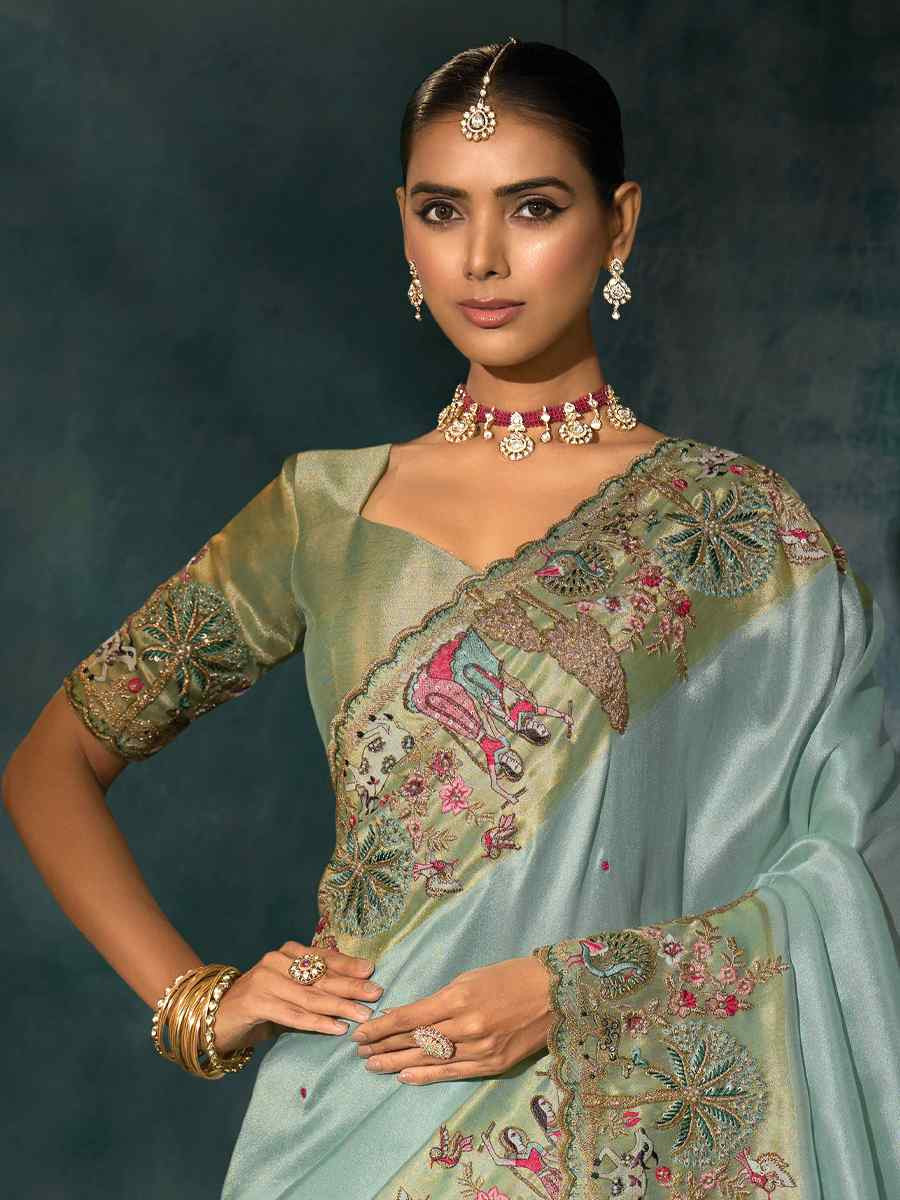 Sky Blue Pure Ziraf Silk Embroidery Bridal Reception Festival Wedding Fancy Heavy Border Saree