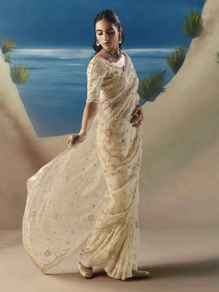 Image of Cream Premium Satin Organza Embroidery Traditional Bridal Reception Festival Wedding Fancy Heavy Border Saree
