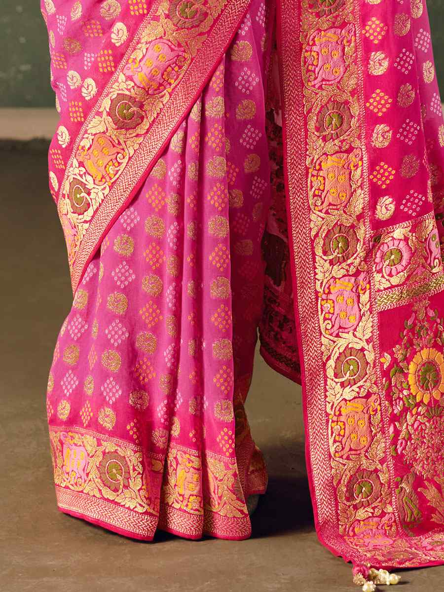 Pink Pure Khaddi Georgette With Designer Bandhej Weaving Zari Handwoven Bridal Reception Festival Wedding Fancy Heavy Border Saree