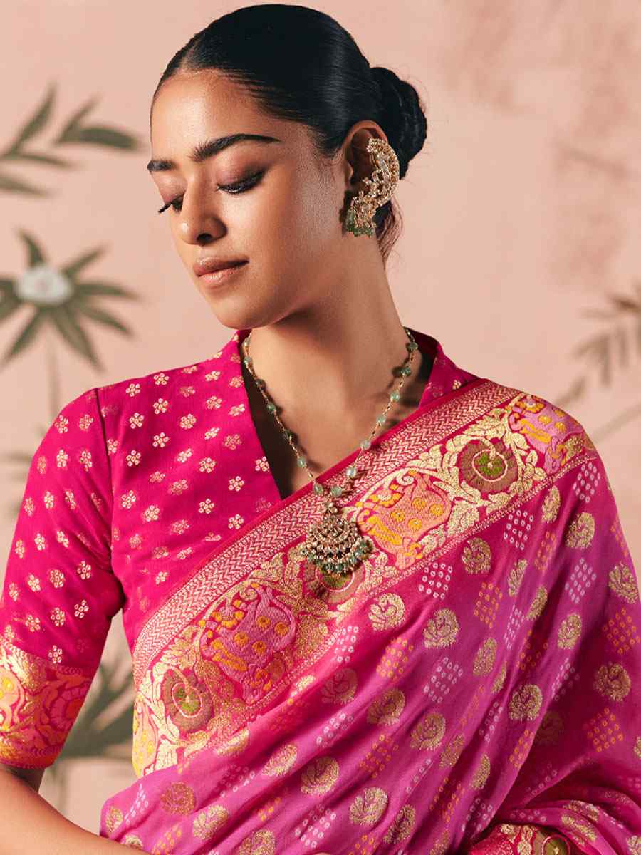 Pink Pure Khaddi Georgette With Designer Bandhej Weaving Zari Handwoven Bridal Reception Festival Wedding Fancy Heavy Border Saree