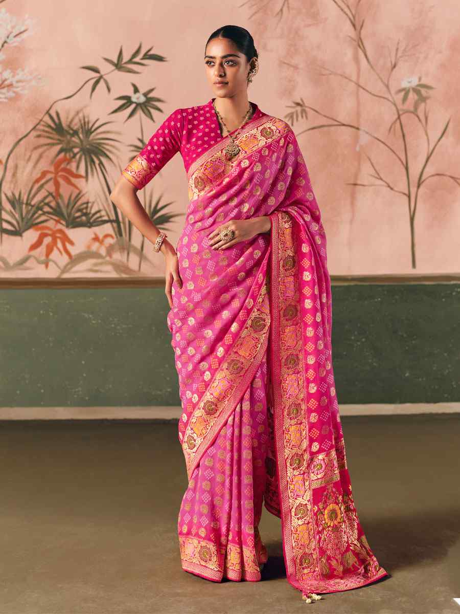 Pink Pure Khaddi Georgette With Designer Bandhej Weaving Zari Handwoven Bridal Reception Festival Wedding Fancy Heavy Border Saree
