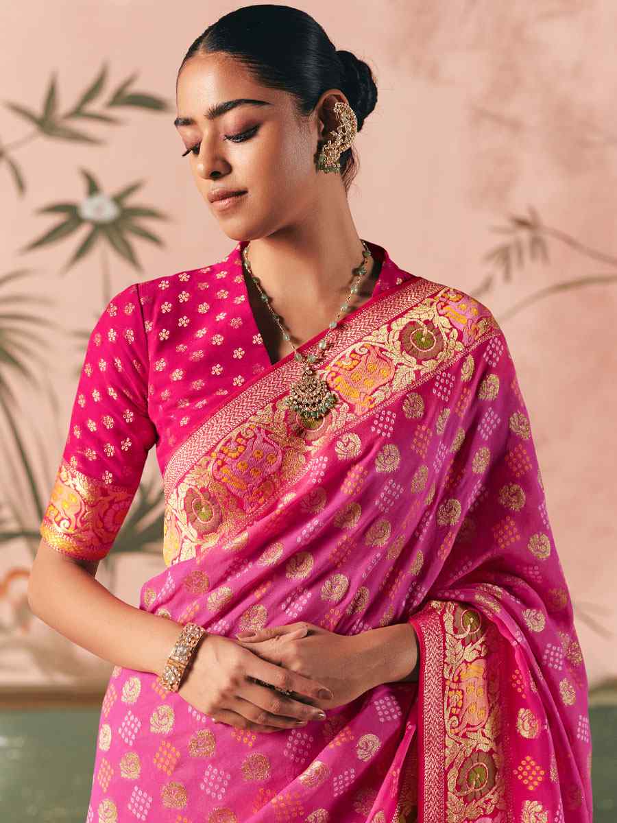 Pink Pure Khaddi Georgette With Designer Bandhej Weaving Zari Handwoven Bridal Reception Festival Wedding Fancy Heavy Border Saree