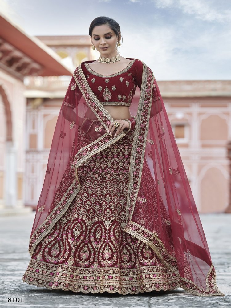 Maroon Velvet Embroidered Bridal Lehenga Choli
