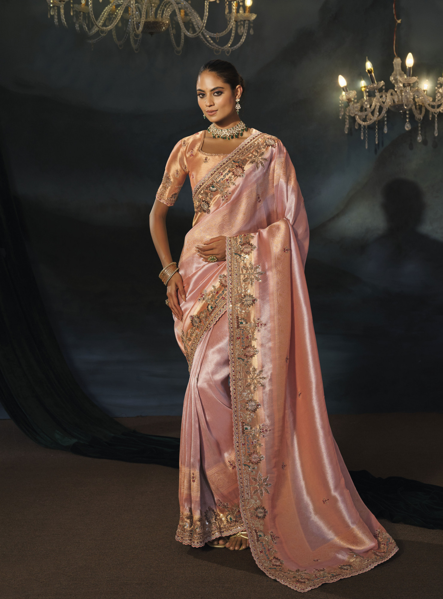 Peach Madhurai Silk Embroidery Bridal Reception Festival Wedding Fancy Heavy Border Saree