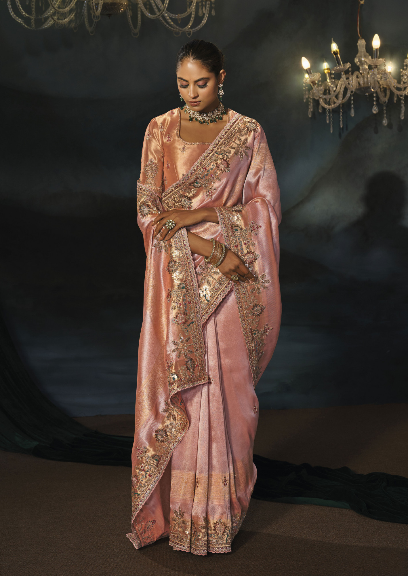 Peach Madhurai Silk Embroidery Bridal Reception Festival Wedding Fancy Heavy Border Saree