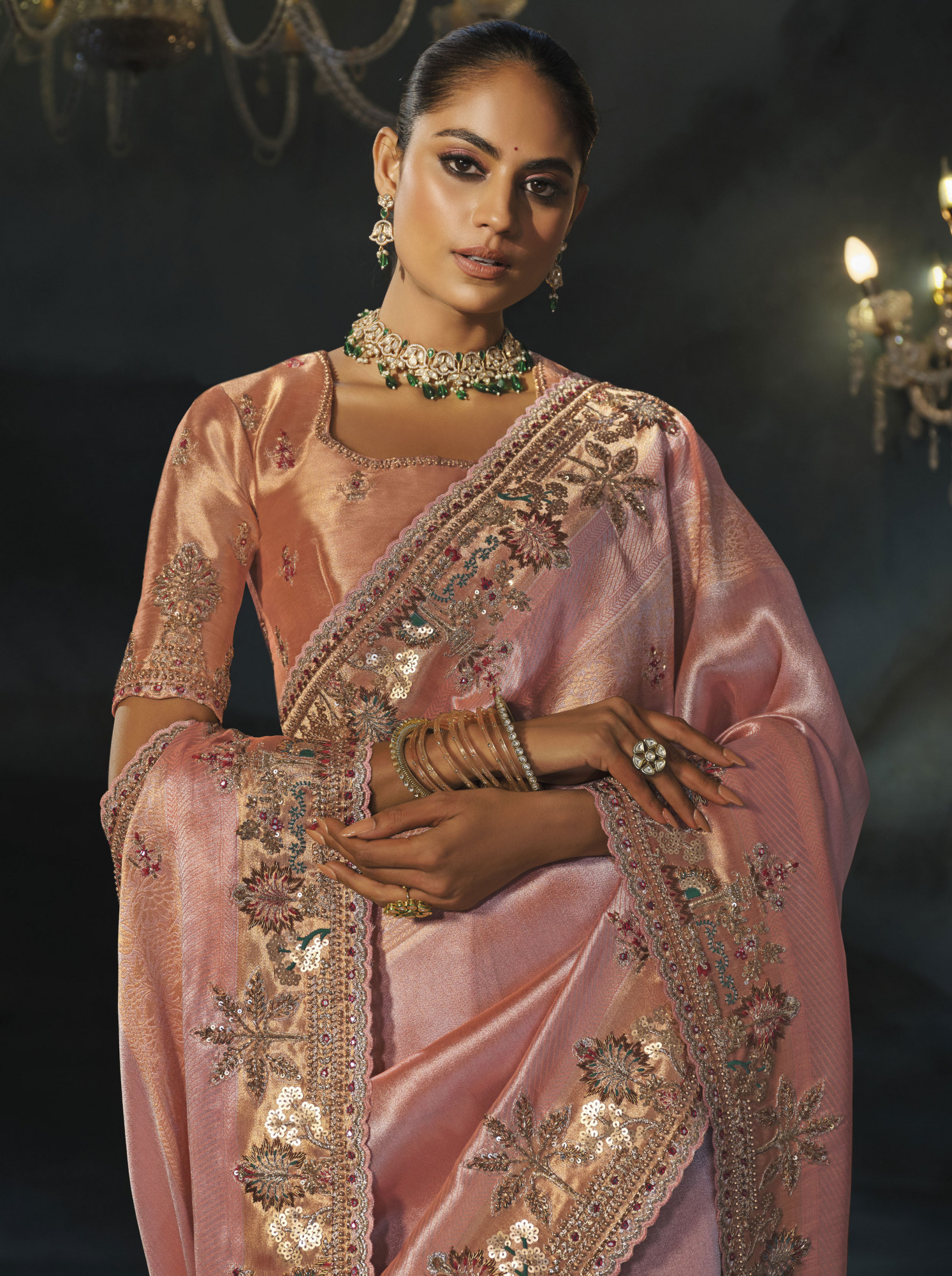 Peach Madhurai Silk Embroidery Bridal Reception Festival Wedding Fancy Heavy Border Saree