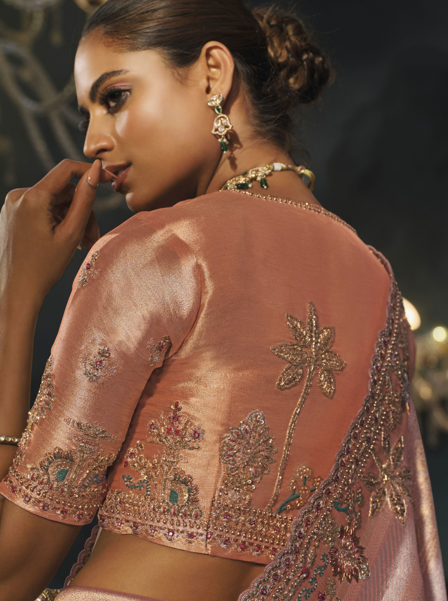 Peach Madhurai Silk Embroidery Bridal Reception Festival Wedding Fancy Heavy Border Saree