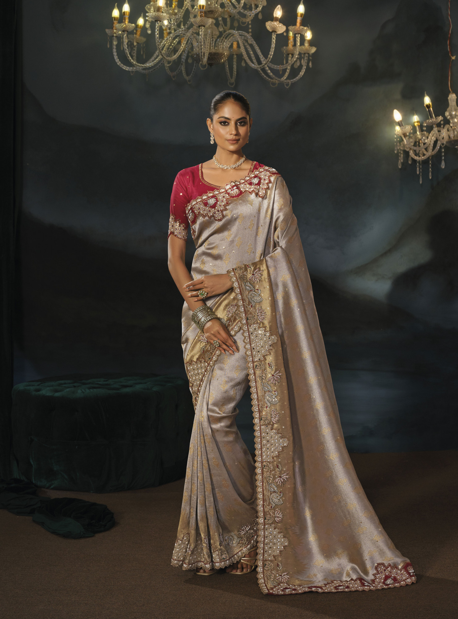 Chiku Tanchoi Silk Embroidery Bridal Reception Festival Wedding Fancy Heavy Border Saree
