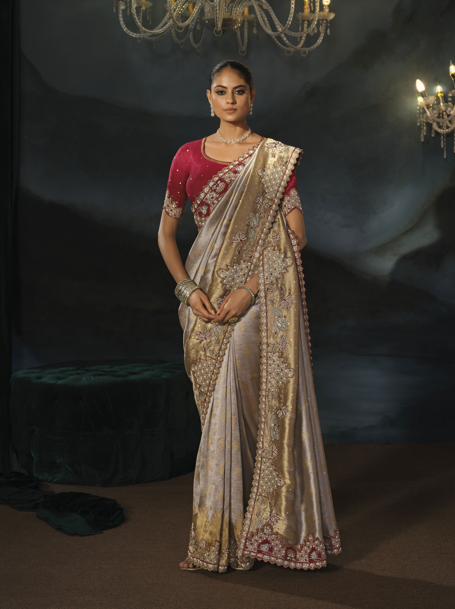 Chiku Tanchoi Silk Embroidery Bridal Reception Festival Wedding Fancy Heavy Border Saree