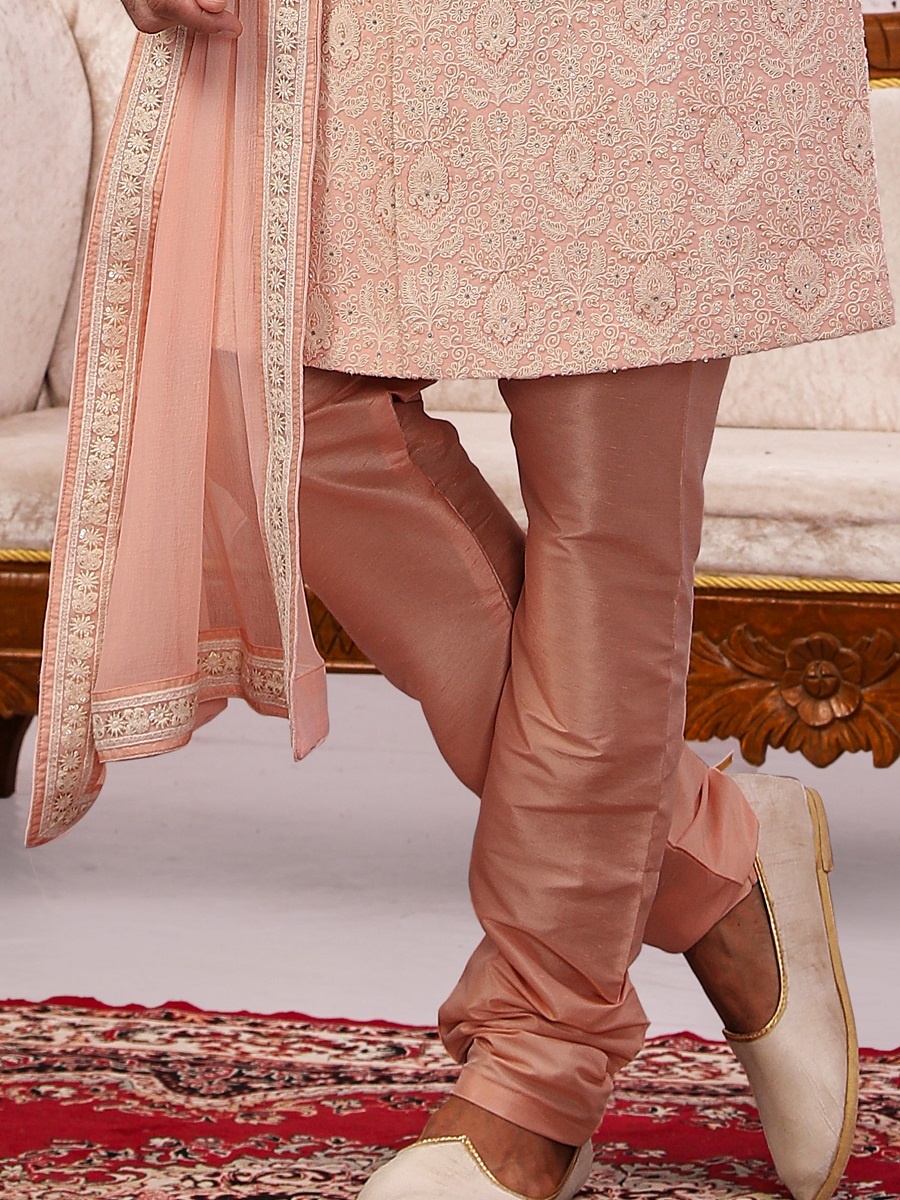 Peach Jacquard Lukhnavi Embroidered Wedding Groom Sherwani