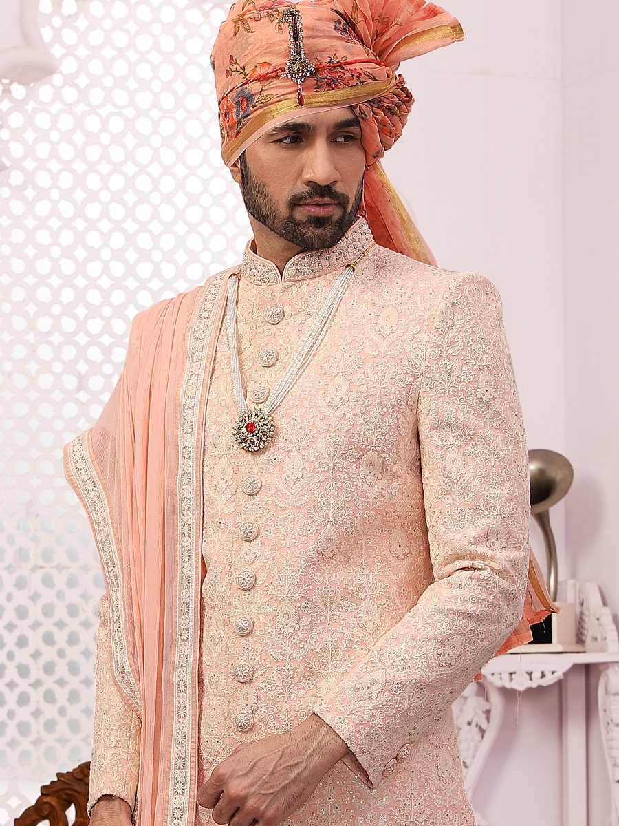 Peach Jacquard Lukhnavi Embroidered Wedding Groom Sherwani