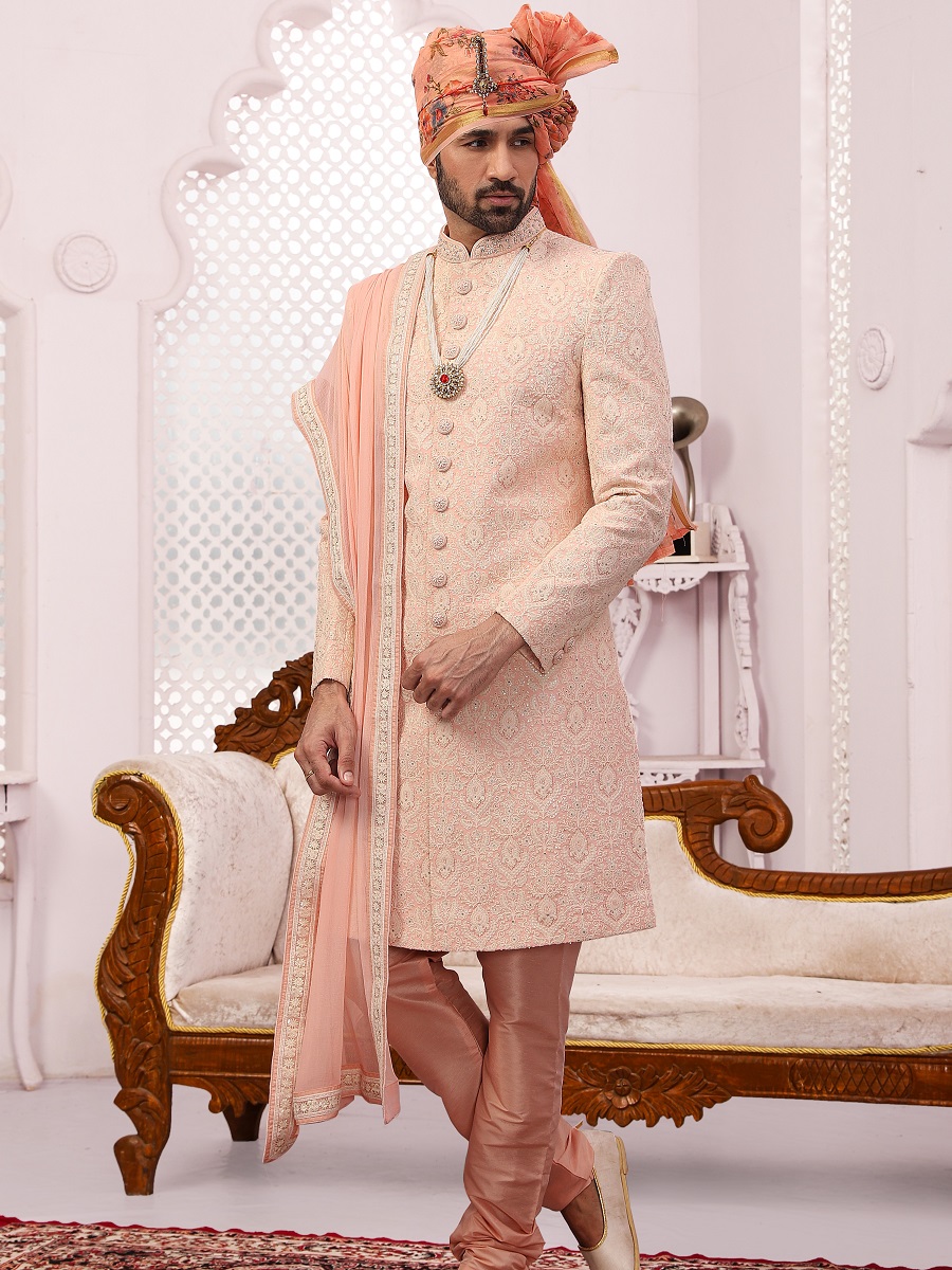 Peach Jacquard Lukhnavi Embroidered Wedding Groom Sherwani