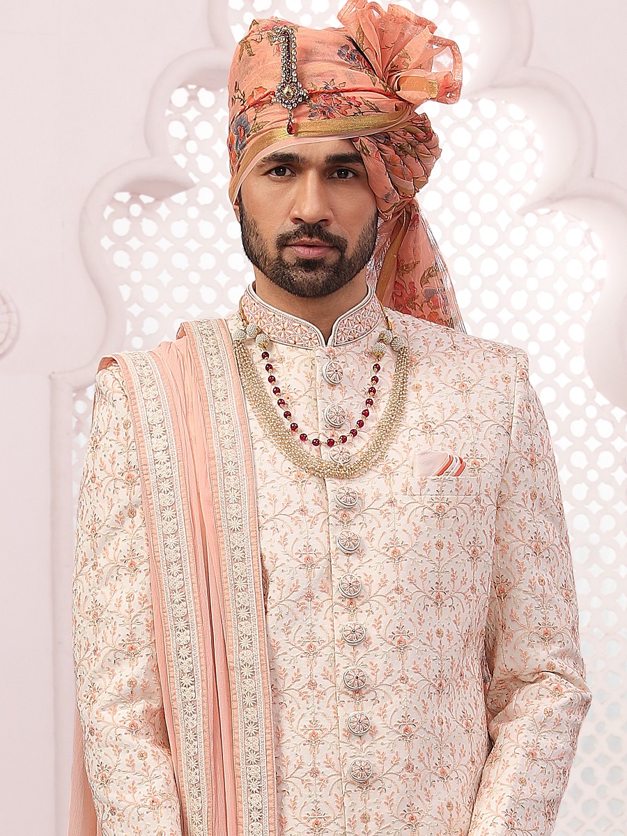 Cream Jacquard Lukhnavi Embroidered Wedding Groom Sherwani