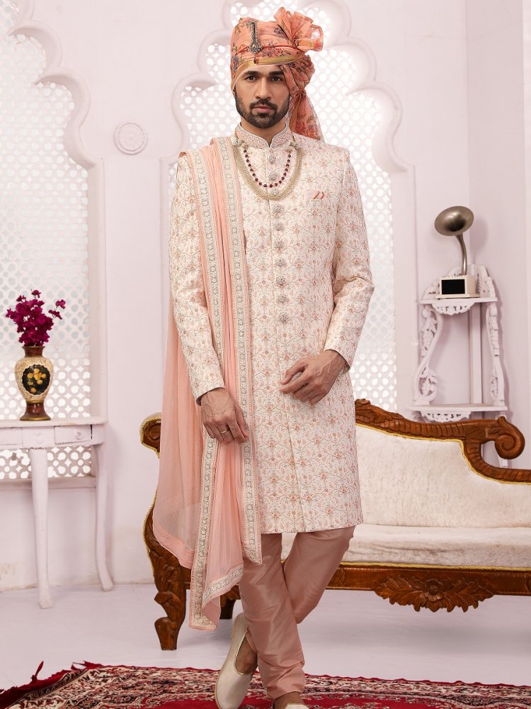 Cream Jacquard Lukhnavi Embroidered Wedding Groom Sherwani
