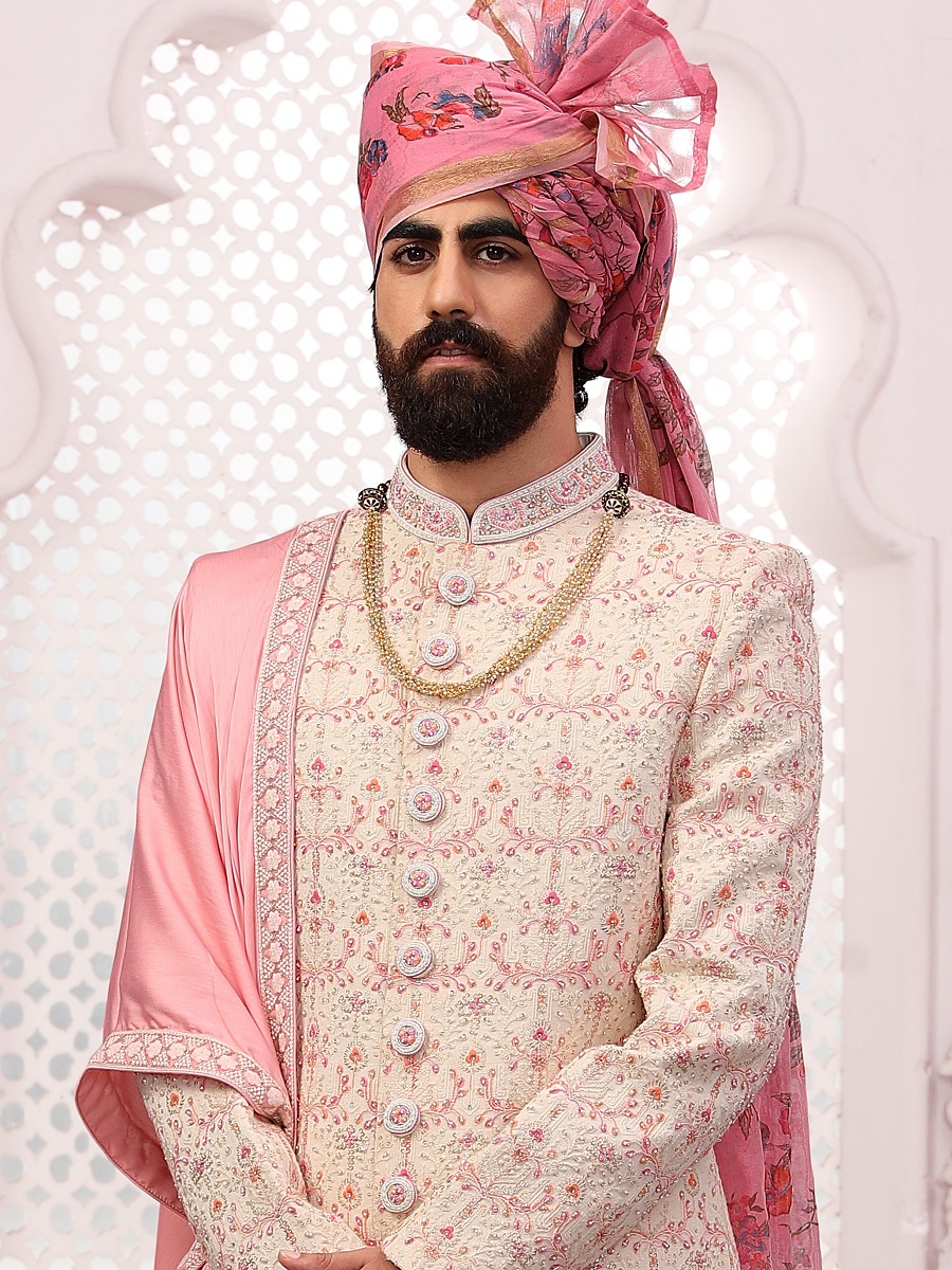 Cream Jacquard Lukhnavi Embroidered Wedding Groom Sherwani