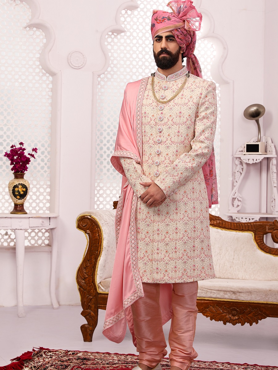 Cream Jacquard Lukhnavi Embroidered Wedding Groom Sherwani