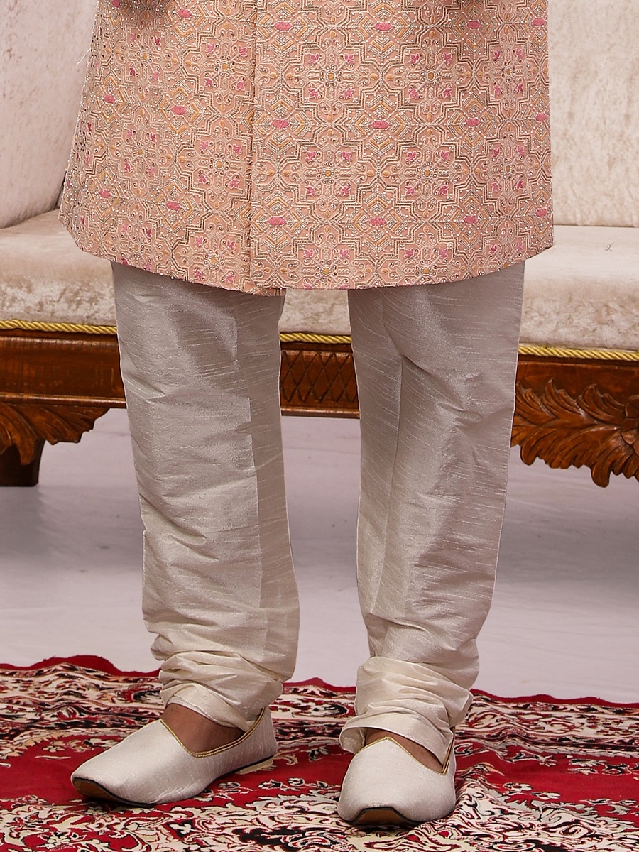 Peach Jacquard Lukhnavi Embroidered Wedding Groom Sherwani
