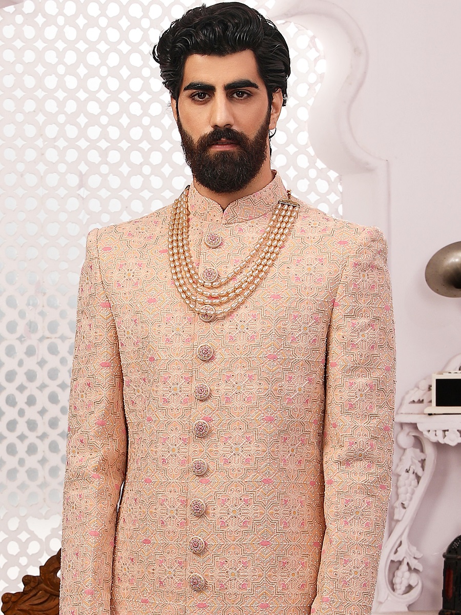 Peach Jacquard Lukhnavi Embroidered Wedding Groom Sherwani