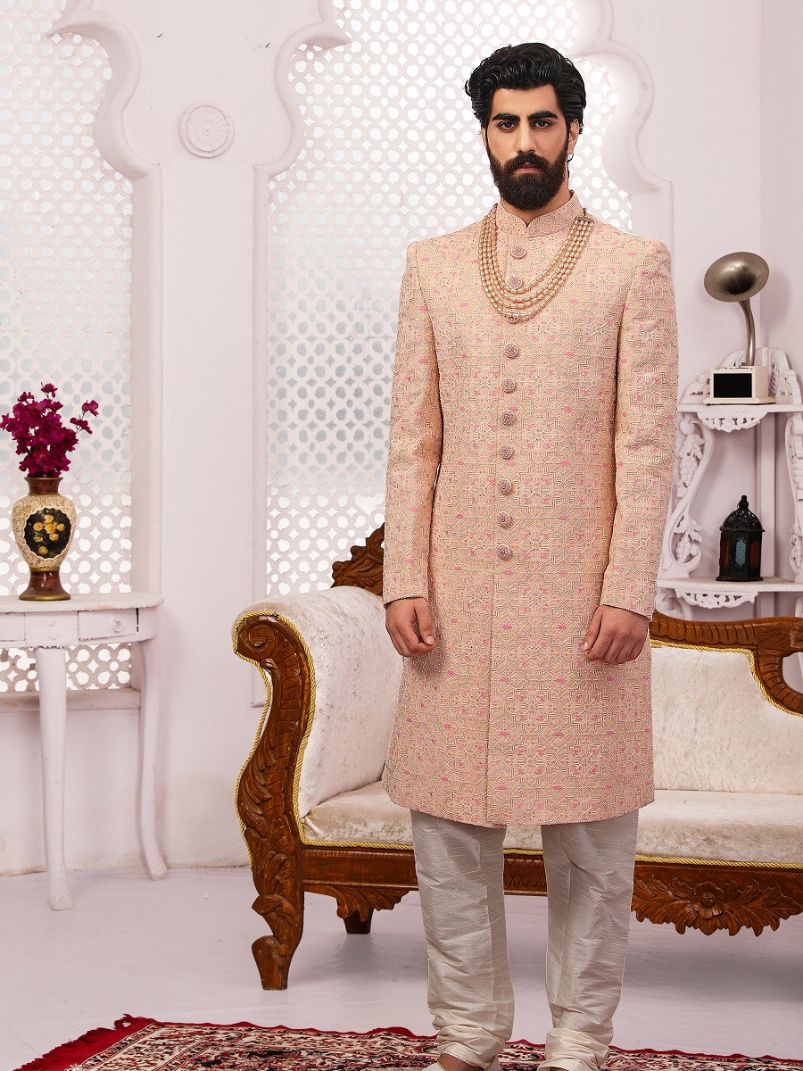 Peach Jacquard Lukhnavi Embroidered Wedding Groom Sherwani