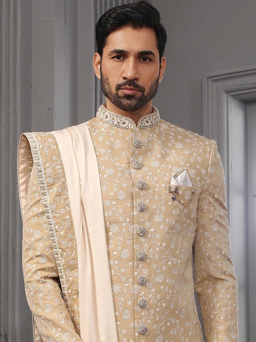 Beige Lukhnavi Embroidered Wedding Groom Sherwani