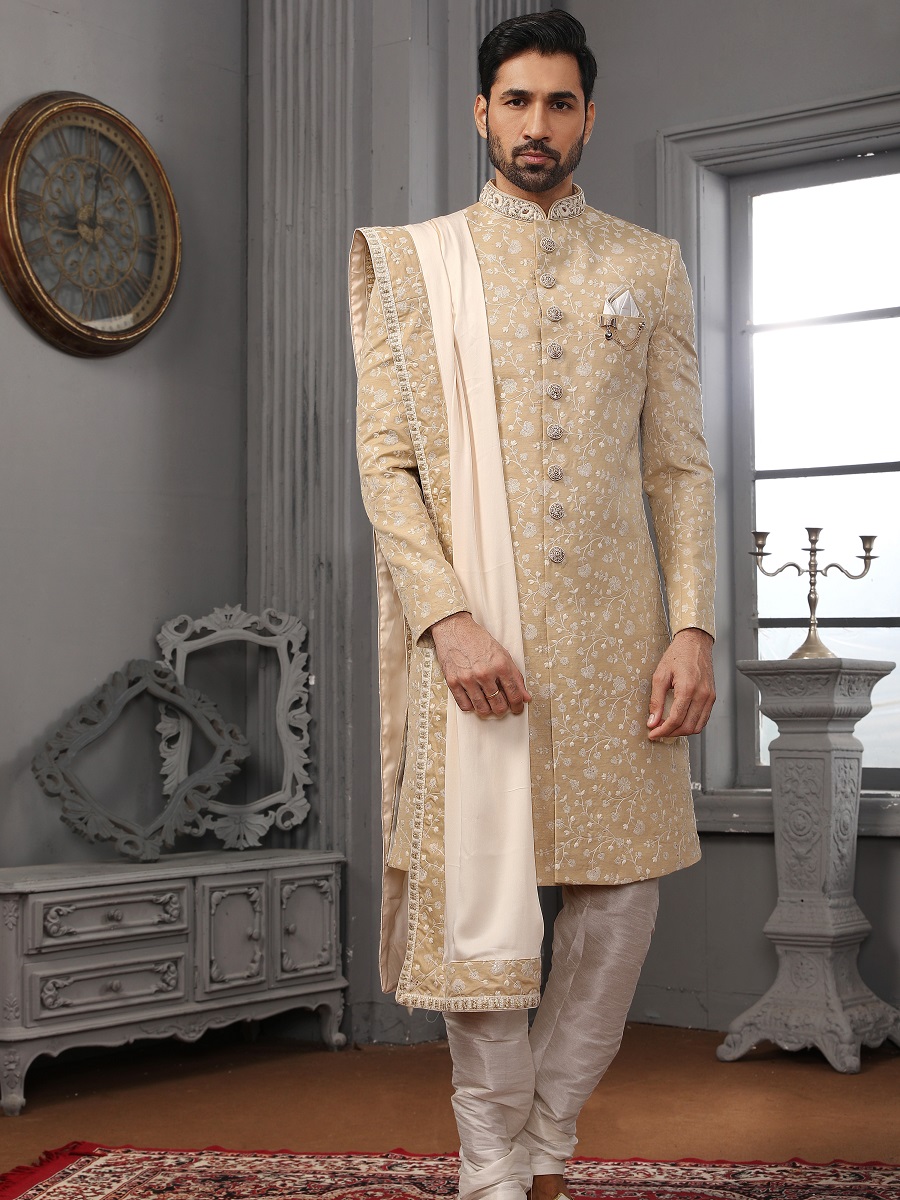 Beige Lukhnavi Embroidered Wedding Groom Sherwani