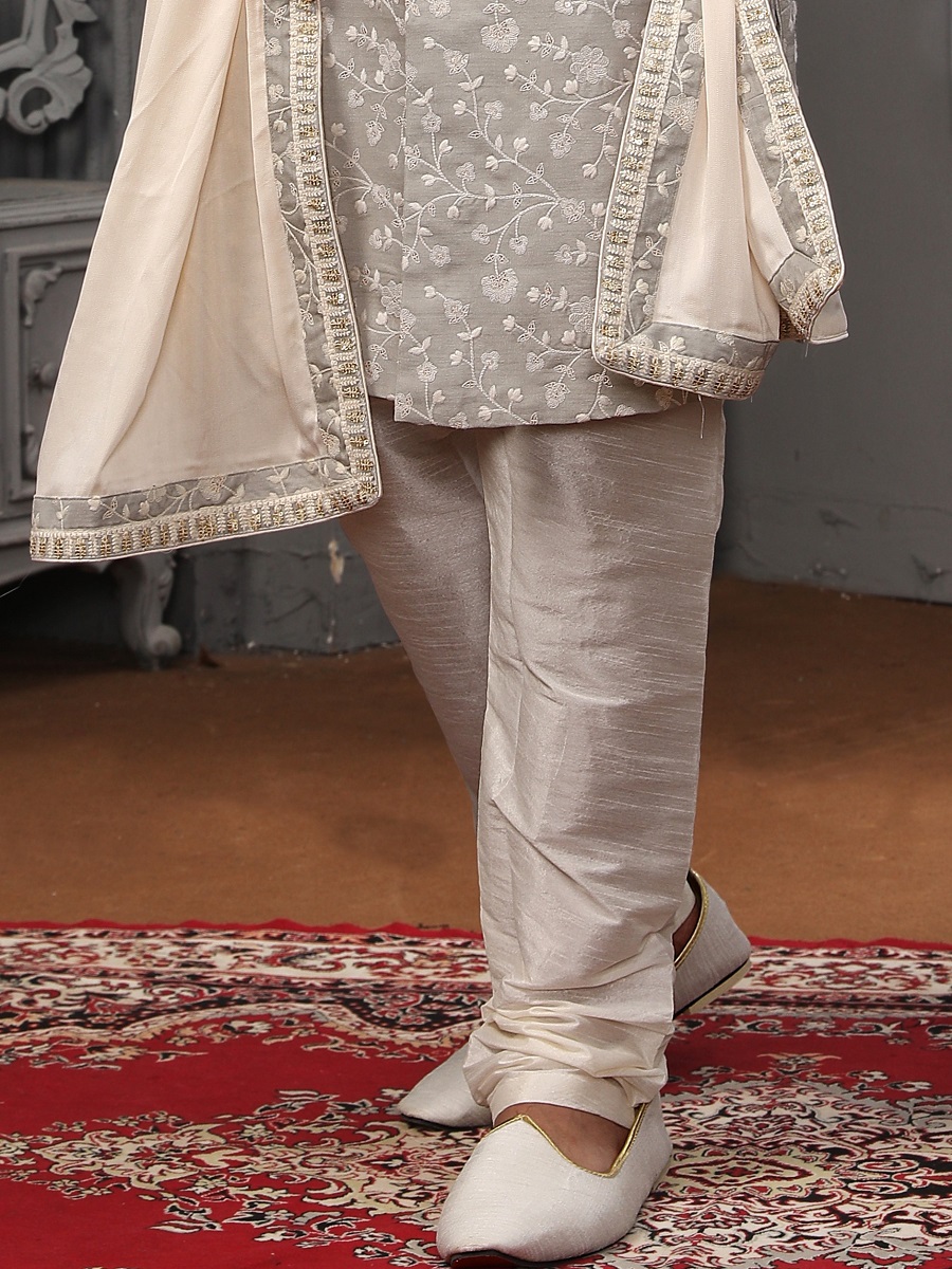 Light Gray Lukhnavi Embroidered Wedding Groom Sherwani