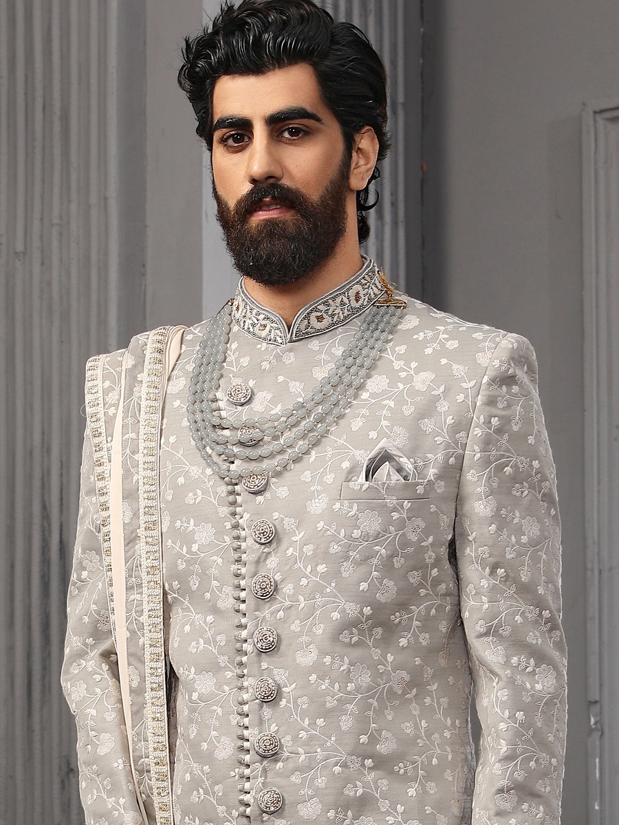 Light Gray Lukhnavi Embroidered Wedding Groom Sherwani