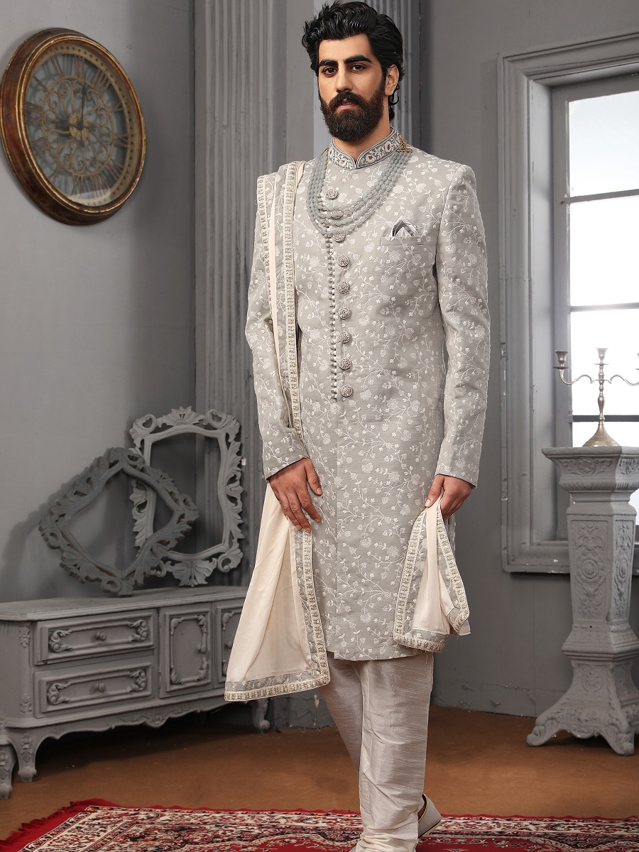 Light Gray Lukhnavi Embroidered Wedding Groom Sherwani